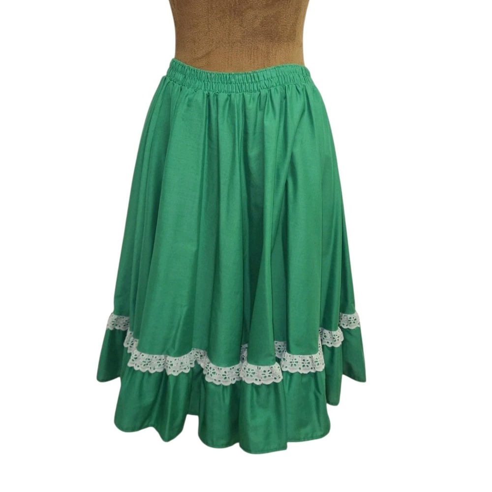 Vintage Circle Skirt Womens Size M Kelly Green Lace Trim Full Elastic Waist